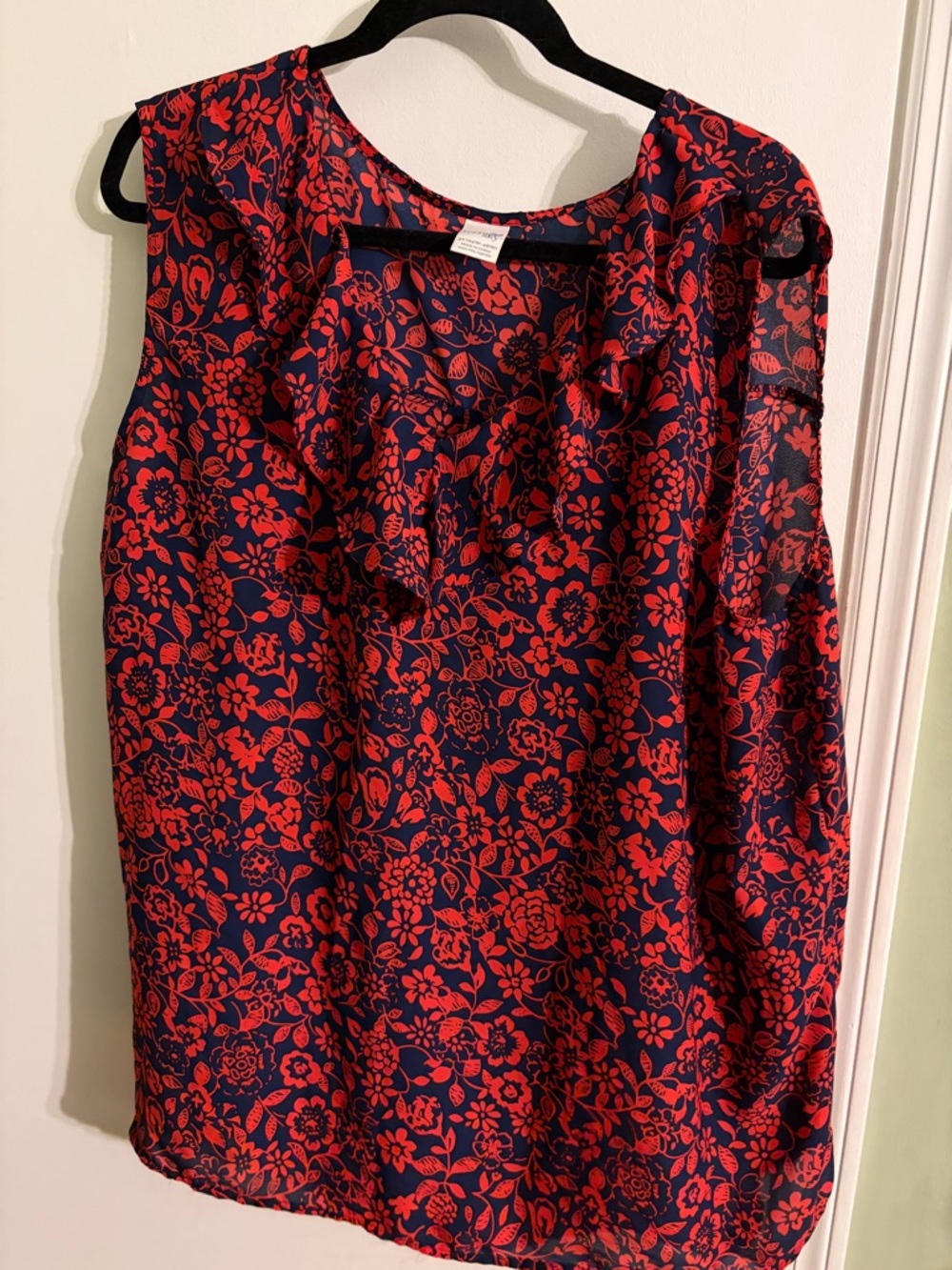 Terra & Sky Navy and Red Floral Ruffle Neck Blouse